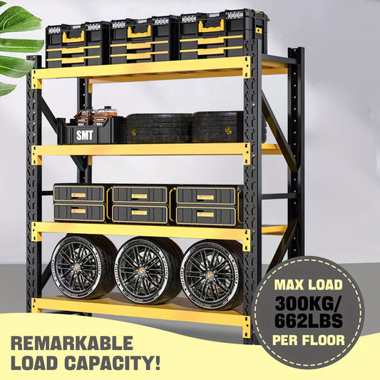 Medium-Sized Steel Storage Shelves, 4 Levels, Garage Storage, Racking, Warehouse Shelving, Heavy Duty Shelving, Industrial, Warehouse Rack, Utility Shelves