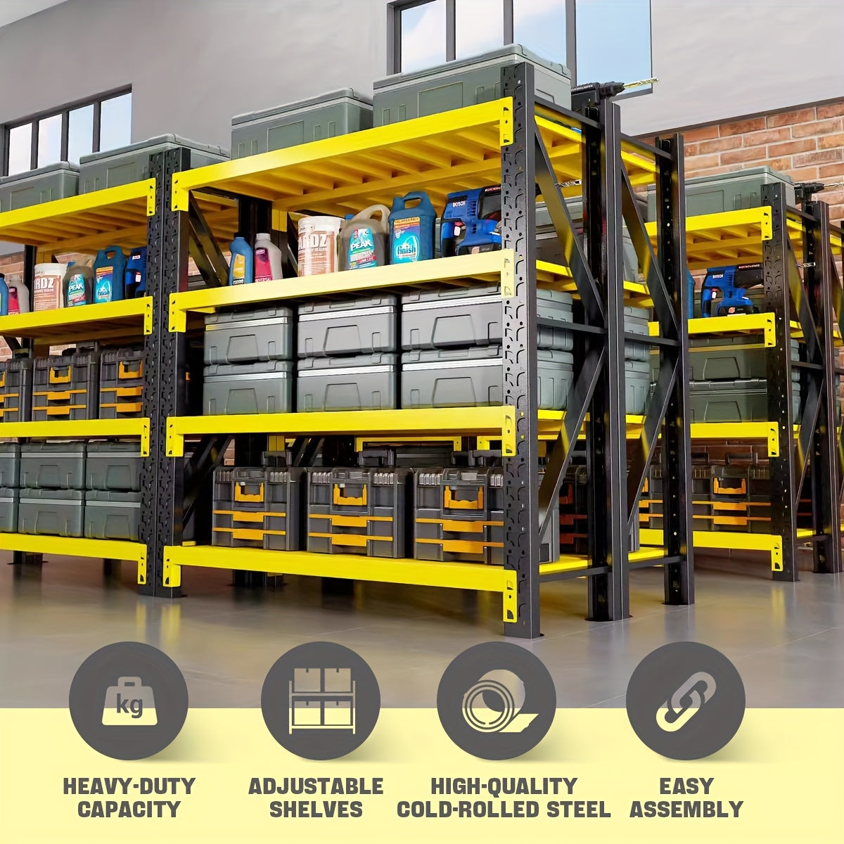 Medium-Sized Steel Storage Shelves, 4 Levels, Garage Storage, Racking, Warehouse Shelving, Heavy Duty Shelving, Industrial, Warehouse Rack, Utility Shelves
