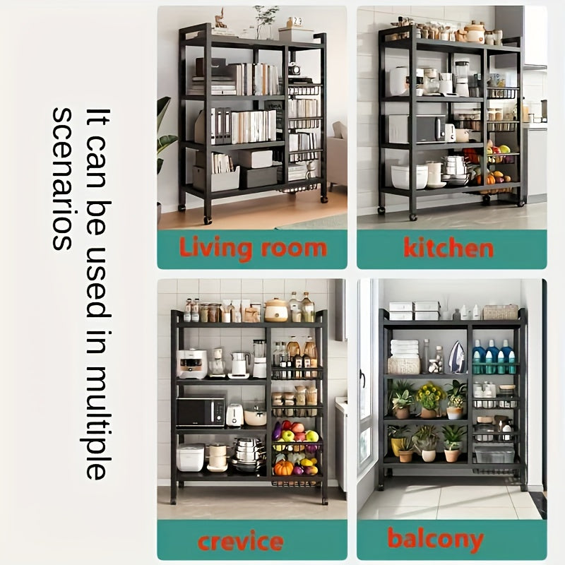 1pc Mobile Storage Rack, Adjustable 4-Tier Kitchen Shelf with 3 Wire Baskets, Kitchen Organizer and Storage, Metal Shelving with Wheels, Suitable for Garage, Pantry, Bathroom, Closet, Warm House Gift New Home