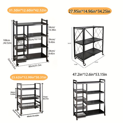 1pc Mobile Storage Rack, Adjustable 4-Tier Kitchen Shelf with 3 Wire Baskets, Kitchen Organizer and Storage, Metal Shelving with Wheels, Suitable for Garage, Pantry, Bathroom, Closet, Warm House Gift New Home