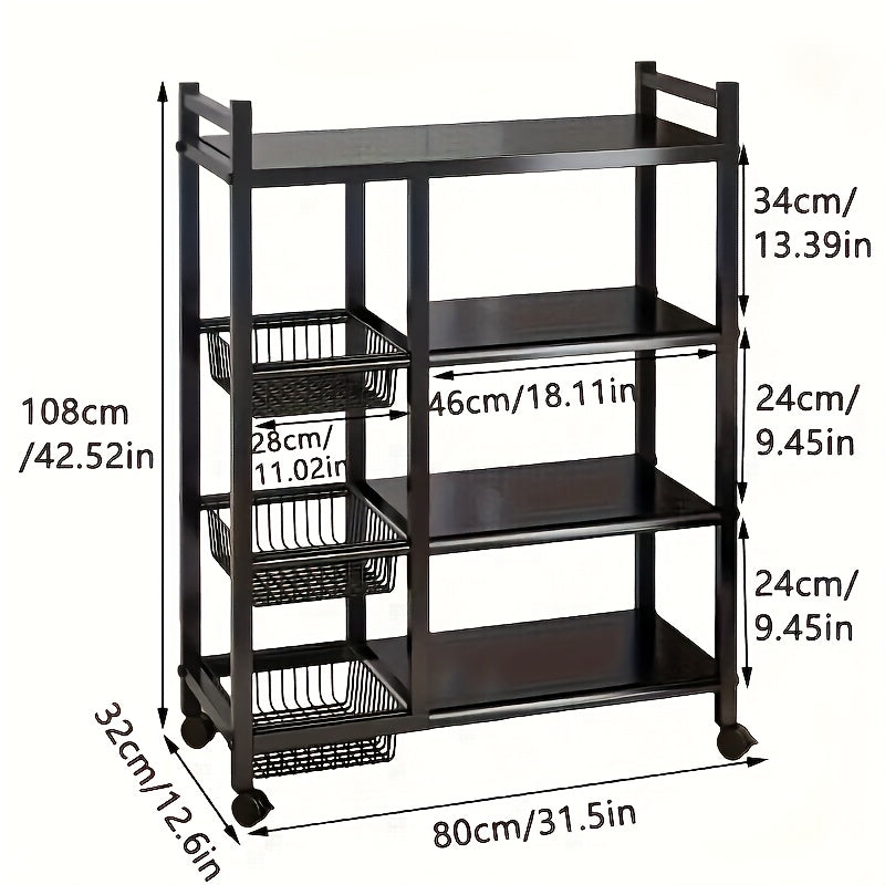 1pc Mobile Storage Rack, Adjustable 4-Tier Kitchen Shelf with 3 Wire Baskets, Kitchen Organizer and Storage, Metal Shelving with Wheels, Suitable for Garage, Pantry, Bathroom, Closet, Warm House Gift New Home