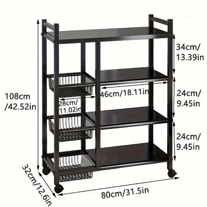 1pc Mobile Storage Rack, Adjustable 4-Tier Kitchen Shelf with 3 Wire Baskets, Kitchen Organizer and Storage, Metal Shelving with Wheels, Suitable for Garage, Pantry, Bathroom, Closet, Warm House Gift New Home