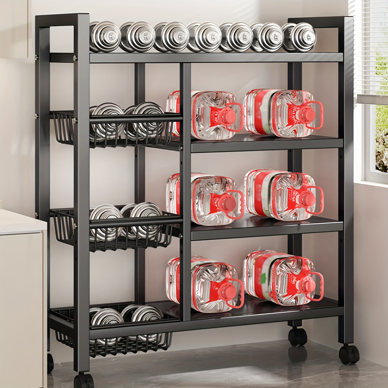 1pc Mobile Storage Rack, Adjustable 4-Tier Kitchen Shelf with 3 Wire Baskets, Kitchen Organizer and Storage, Metal Shelving with Wheels, Suitable for Garage, Pantry, Bathroom, Closet, Warm House Gift New Home