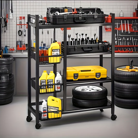 1pc Mobile Storage Rack, Adjustable 4-Tier Kitchen Shelf with 3 Wire Baskets, Kitchen Organizer and Storage, Metal Shelving with Wheels, Suitable for Garage, Pantry, Bathroom, Closet, Warm House Gift New Home